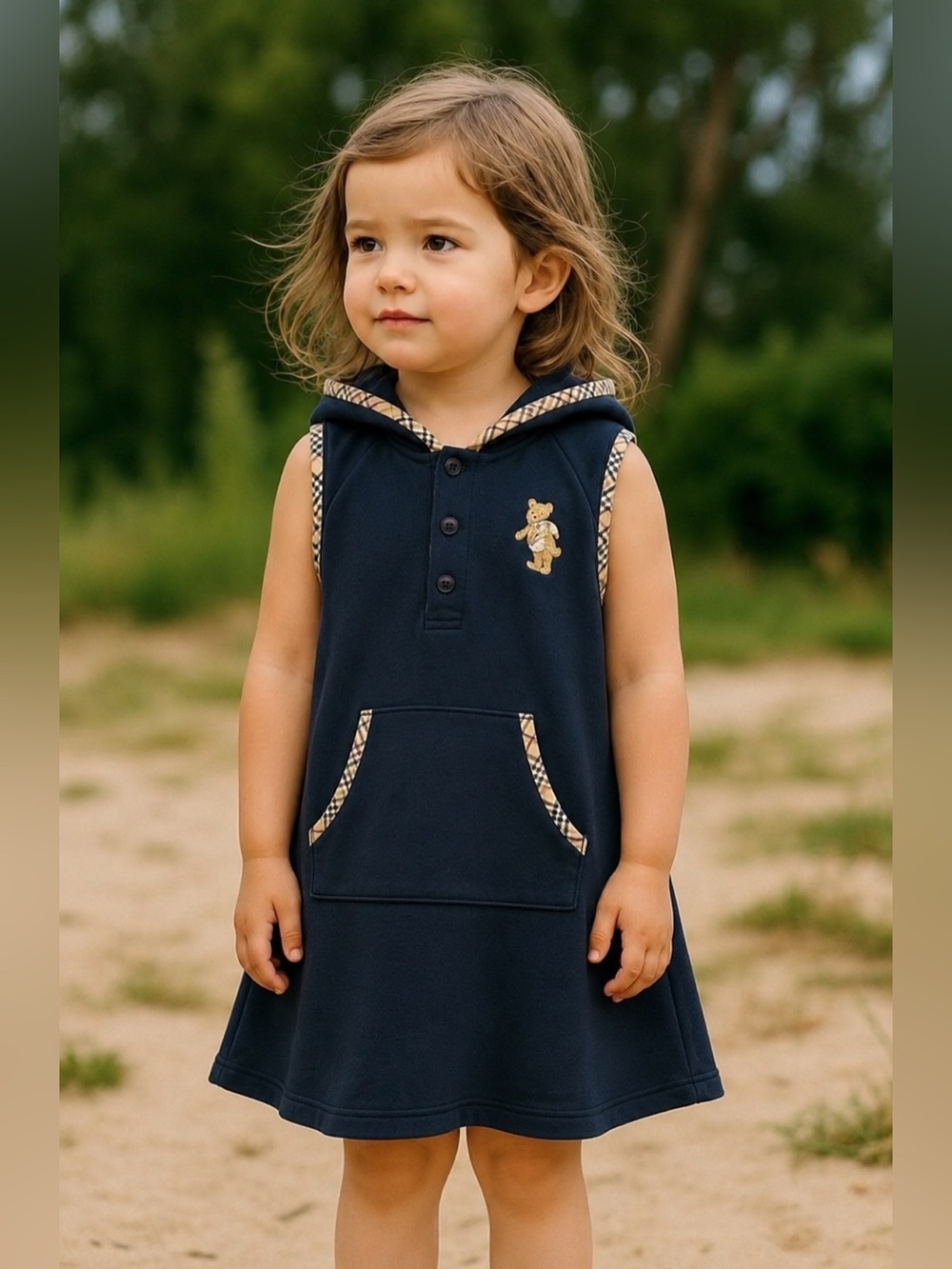 BURBERRY LONDON Sleeveless Bear Terry Hooded Kangaroo Polo Bear Pocket Dress